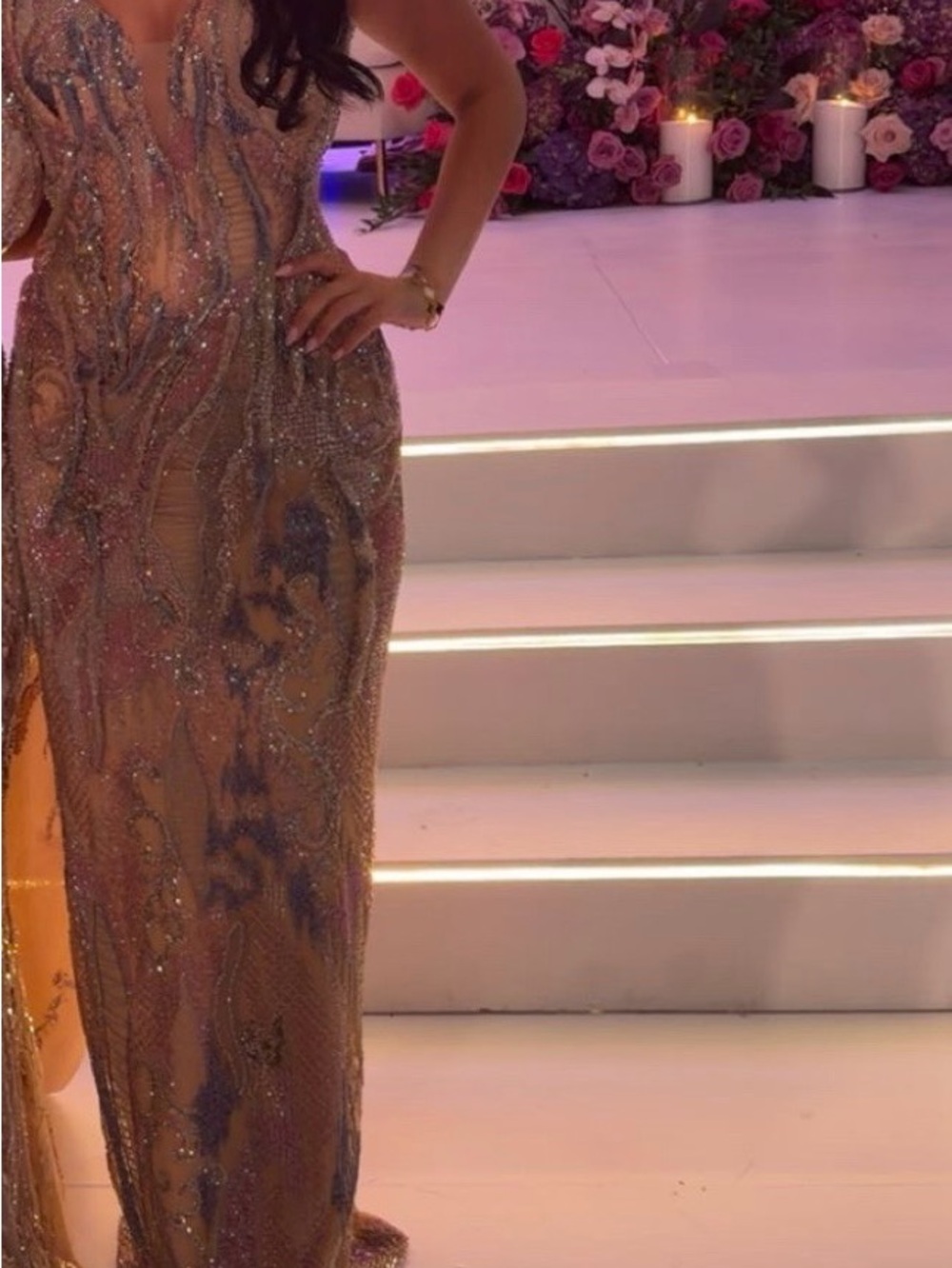 Beaded Nude Maxi Dress with Sparkling Accents